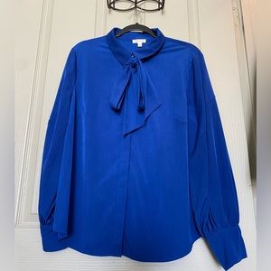 Royal blue blouse button-up, with bow, size XL. Riley & Rae.